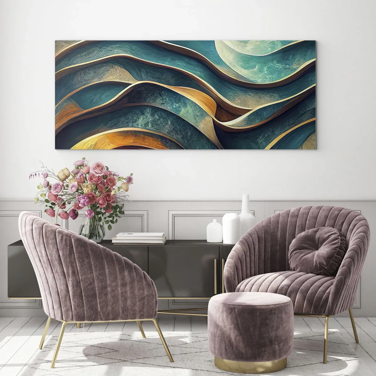 Glastavla - Bild på glas - Meandrar av blått - 100x40 cm