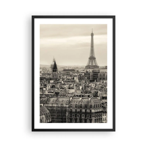 Affisch i svart ram - Panorama över Paris med Eiffeltornet i sepiafärger - 50x70cm - Över Paris tak - Modern väggdekoration för vardagsrum och sovrum ARTTOR