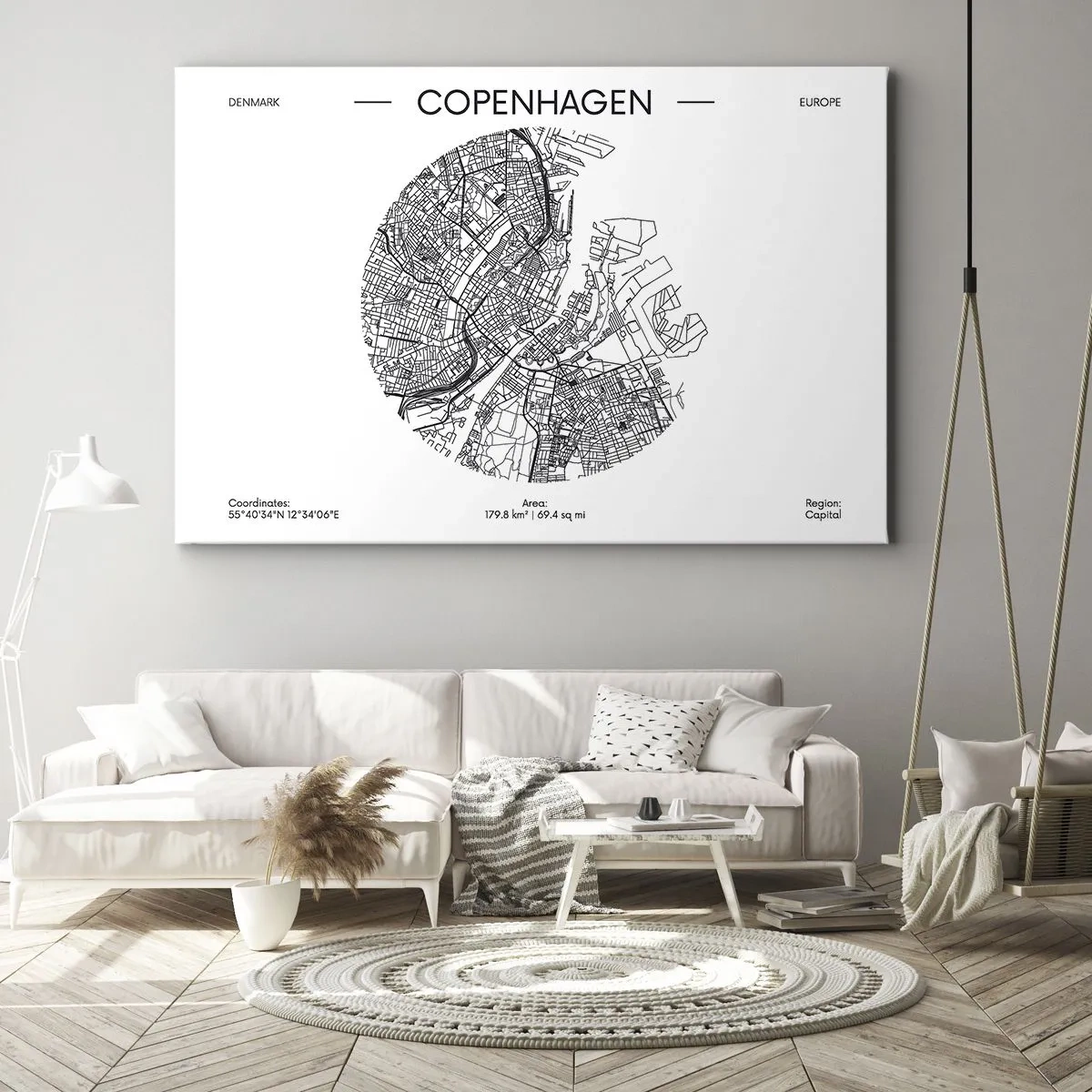 Canvastavla - Bild på duk - En karta över Köpenhamn i minimalistisk svartvit stil. - 70x50cm - Köpenhamns anatomi - Modern väggdekoration för vardagsrum och sovrum ARTTOR