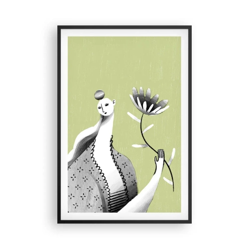 Affisch i svart ram - Modernistiskt porträtt - håller i en blomma - 61x91 cm