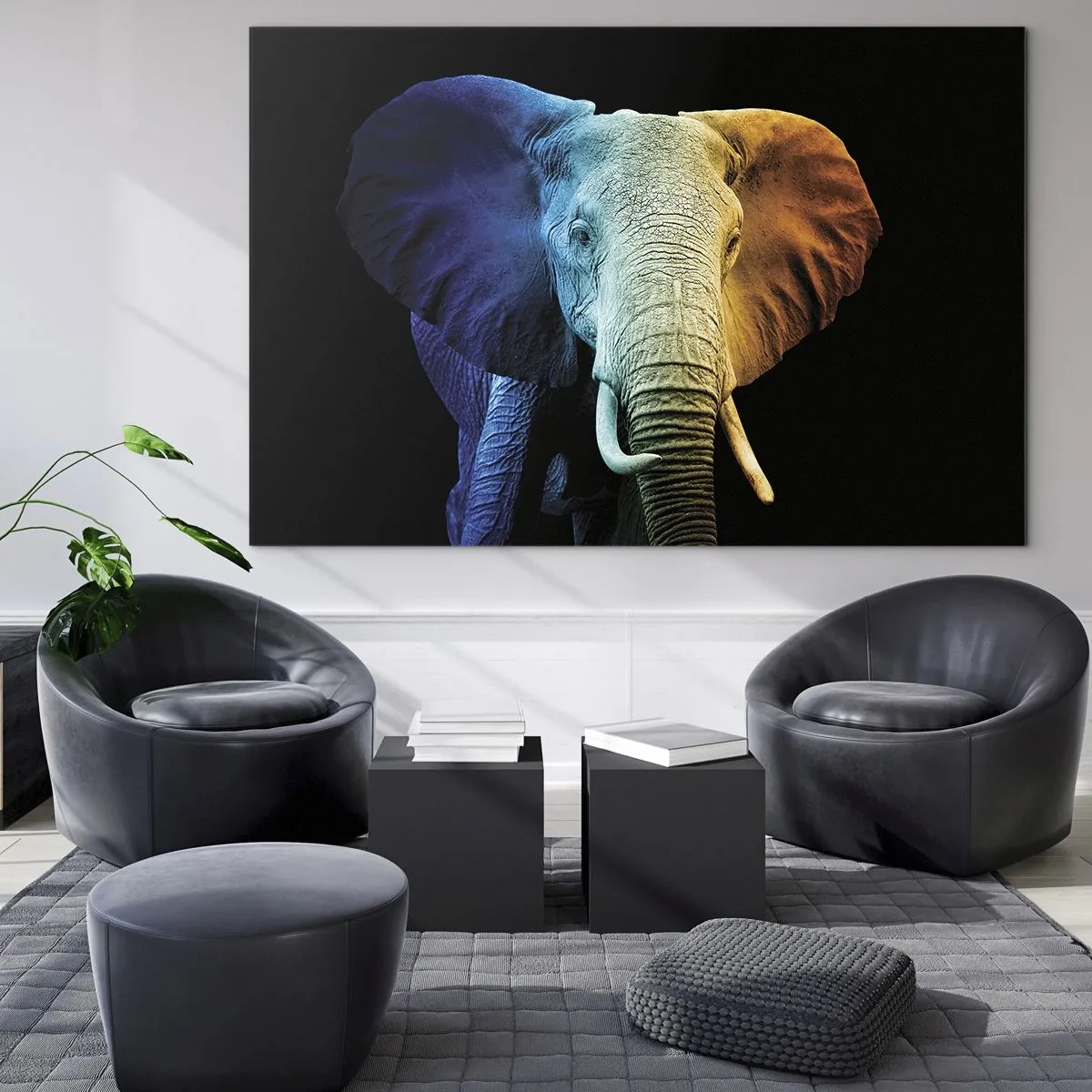 Glastavla - Bild på glas - Färgglatt porträtt av en elefant på svart bakgrund - 70x50cm - Excentriker, ej kuf - Modern väggdekoration för vardagsrum och sovrum ARTTOR