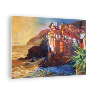 Glastavla - Bild på glas - En färgglad stad på en klippa med utsikt över havet - 70x50cm - Italiensk stämning - Modern väggdekoration för vardagsrum och sovrum ARTTOR