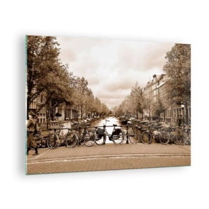 Glastavla - Bild på glas - Amsterdambron med retrocyklar - 70x50cm - Holländsk stämning - Modern väggdekoration för vardagsrum och sovrum ARTTOR