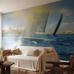Fototapet Premium Sand - Dags att lämna staden - Stad, Hav, Yacht - 100x70 cm