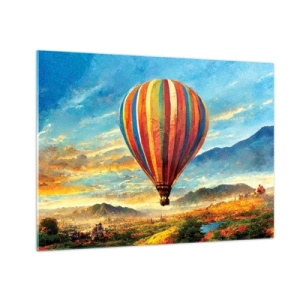 Glastavla - Bild på glas - En färgglad ballong som svävar över ett bergslandskap - 70x50cm - I tystnad ser man mer - Modern väggdekoration för vardagsrum och sovrum ARTTOR