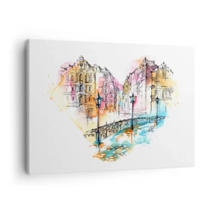Canvastavla - Bild på duk - Akvarell av en bro och hjärtformade hyreshus - 70x50cm - Stadens hjärta - Modern väggdekoration för vardagsrum och sovrum ARTTOR