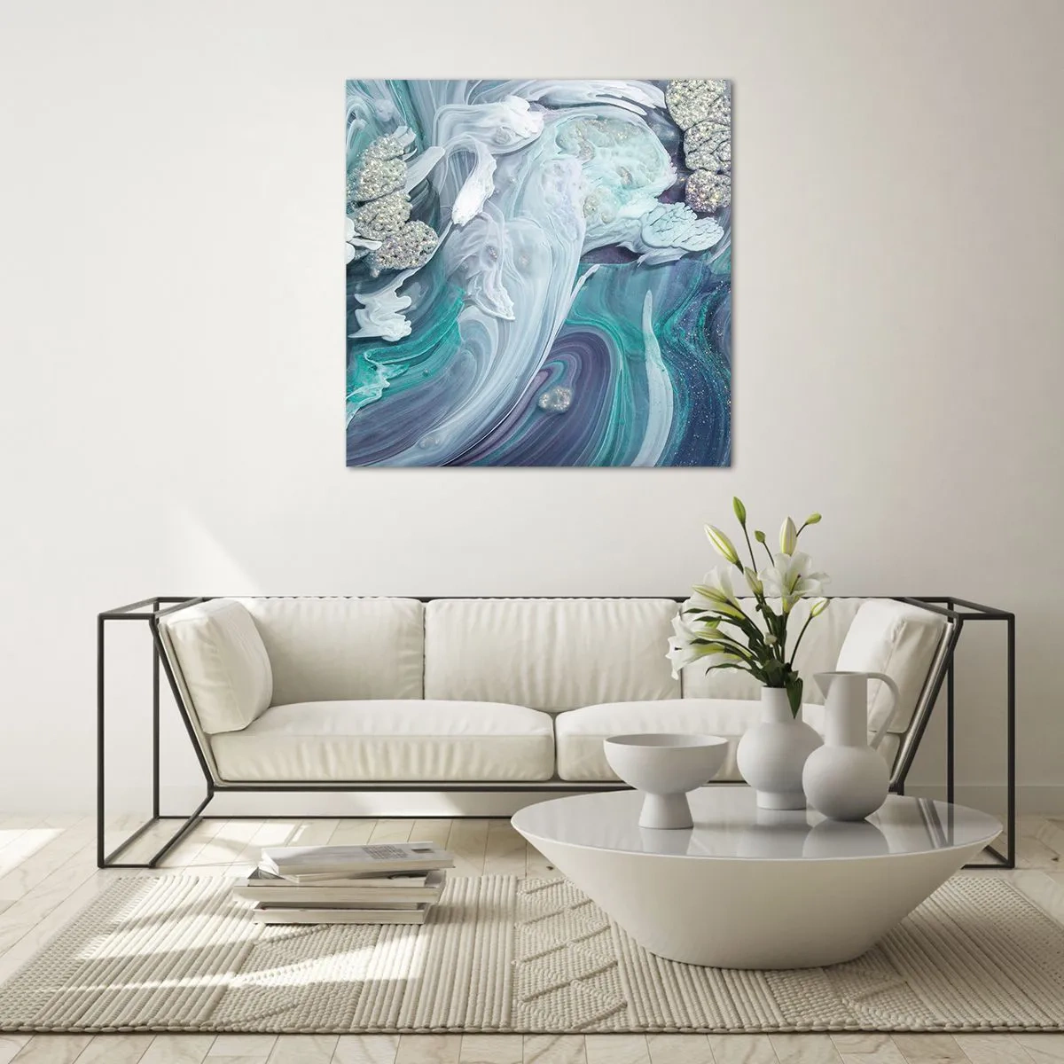 Glastavla - Bild på glas - Blåhetens strömmar - 70x70 cm