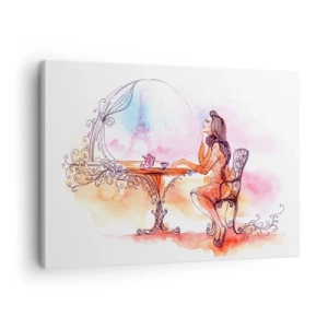 Canvastavla - Bild på duk - Romantisk akvarell av en kvinna på ett kafé med utsikt över ett torn - 70x50cm - Paris stil - Modern väggdekoration för vardagsrum och sovrum ARTTOR