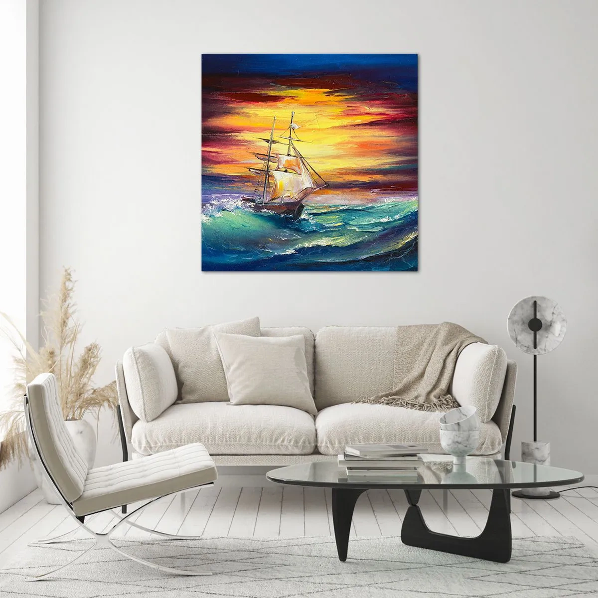Glastavla - Bild på glas - Modigt mot vågorna - 70x70 cm