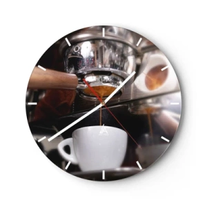 Väggklocka - Klocka på glas - Närbild av en kaffemaskin med en kopp espresso - 30x30cm - En bra stund på dagen - Modern väggdekoration för vardagsrum, kök och sovrum ARTTOR