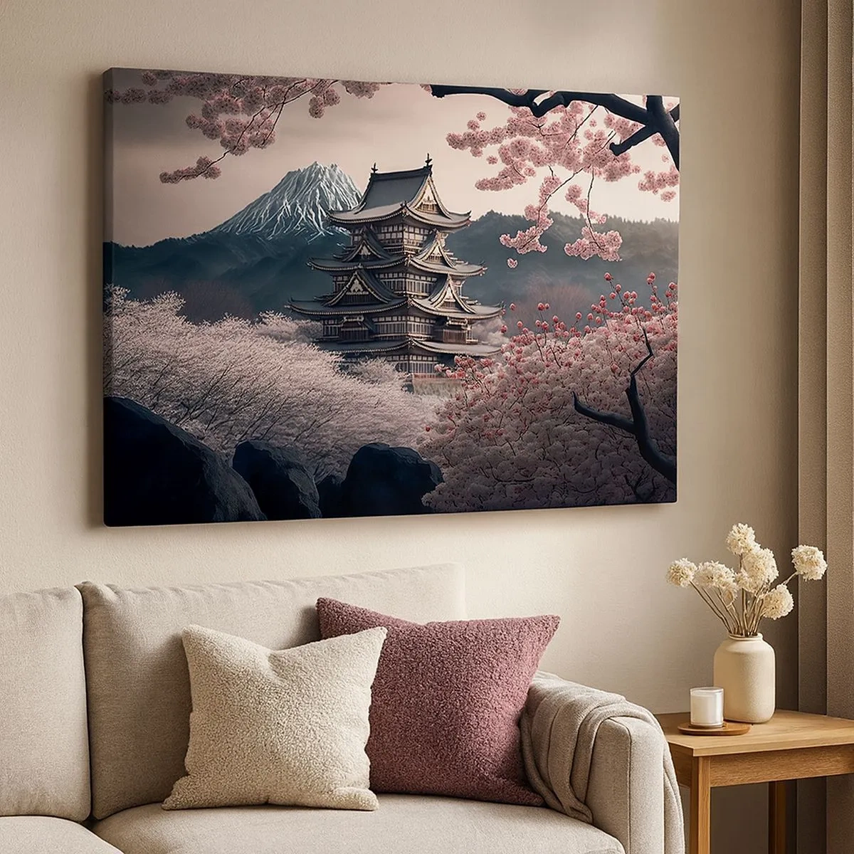 Canvastavla - Bild på duk - Ett japanskt tempel omgivet av körsbärsblommor och berg - 70x50cm - Ett land av blommande körsbär - Modern väggdekoration för vardagsrum och sovrum ARTTOR