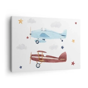 Canvastavla - Bild på duk - Handmålade flygplan mot en bakgrund av moln och stjärnor - 70x50cm - Herr pilot, vi väntar! - Modern väggdekoration för vardagsrum och sovrum ARTTOR