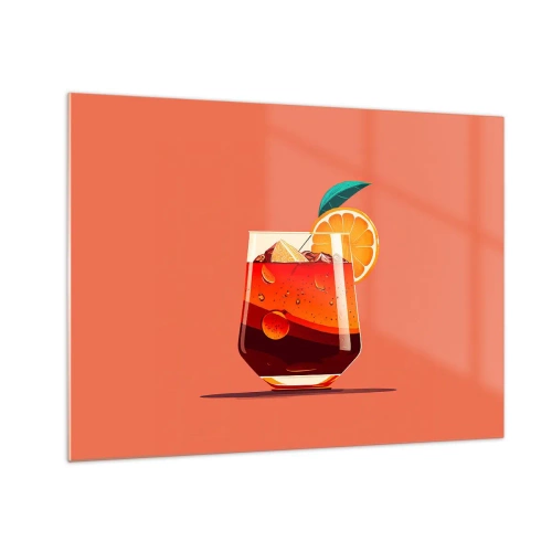 Glastavla - Bild på glas - En färgglad drink med apelsin på en varm persikobakgrund - 70x50cm - Sommarens förfriskning - Modern väggdekoration för vardagsrum och sovrum ARTTOR