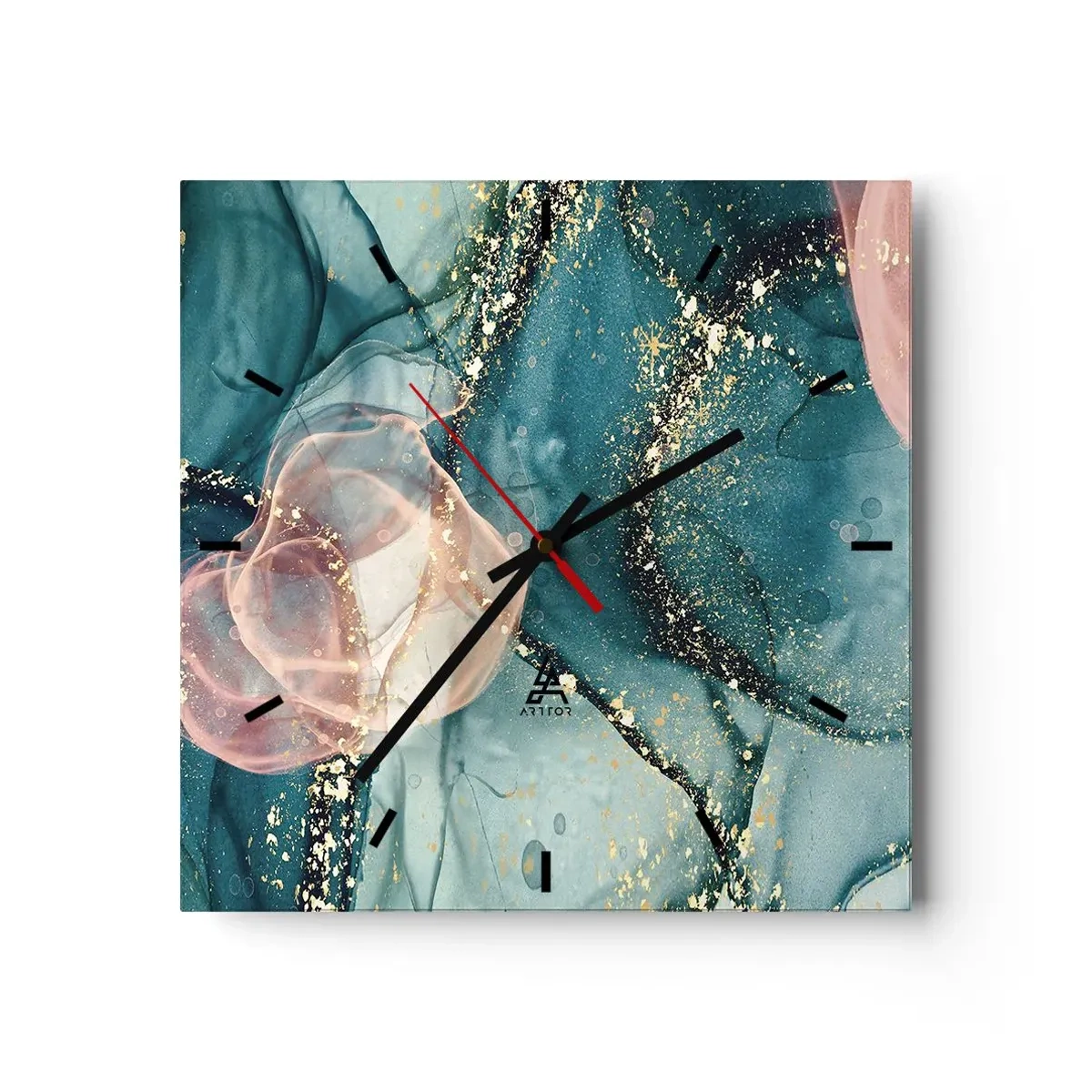 Väggklocka - Klocka på glas - Sidenblå, tyllrosa - 30x30 cm