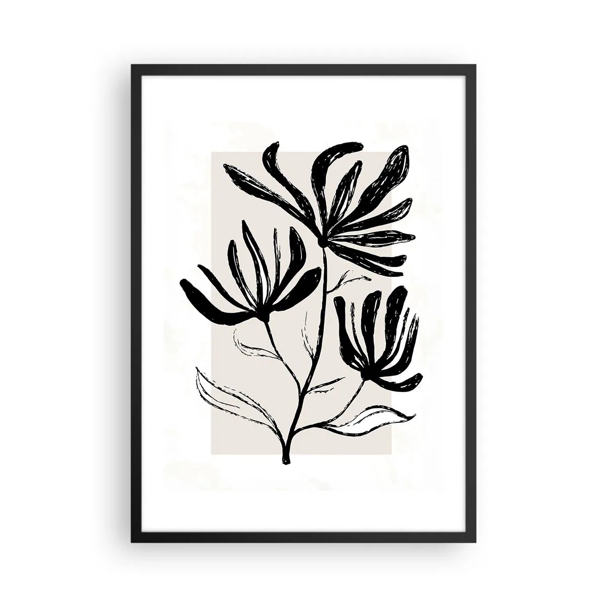 Affisch i svart ram - Svartvit illustration av blommor mot beige bakgrund - 50x70cm - Skiss för ett herbarium - Modern väggdekoration för vardagsrum och sovrum ARTTOR