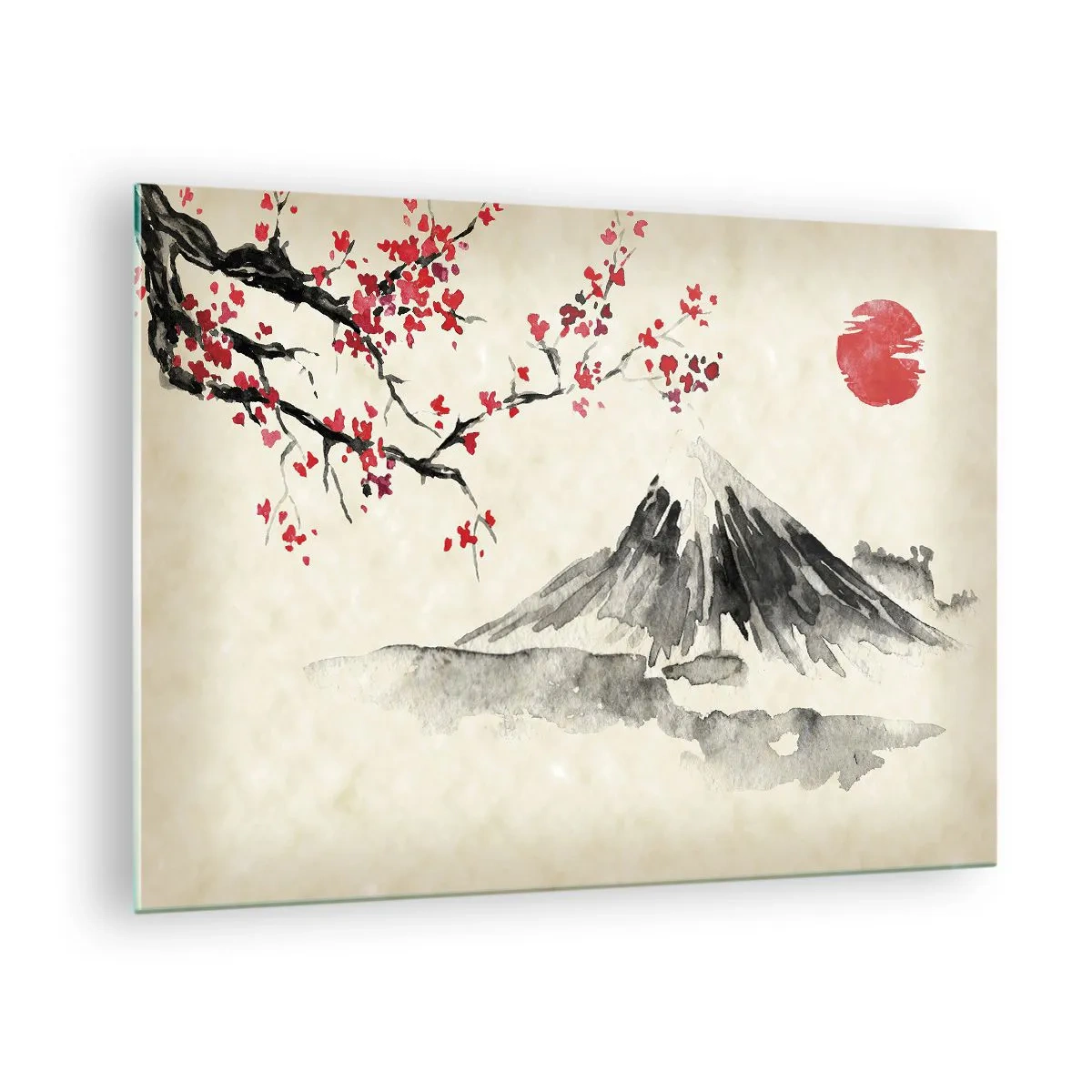 Glastavla - Bild på glas - Japansk akvarellmålning av ett berg och en blommande gren - 70x50cm - Bli kär i Japan - Modern väggdekoration för vardagsrum och sovrum ARTTOR