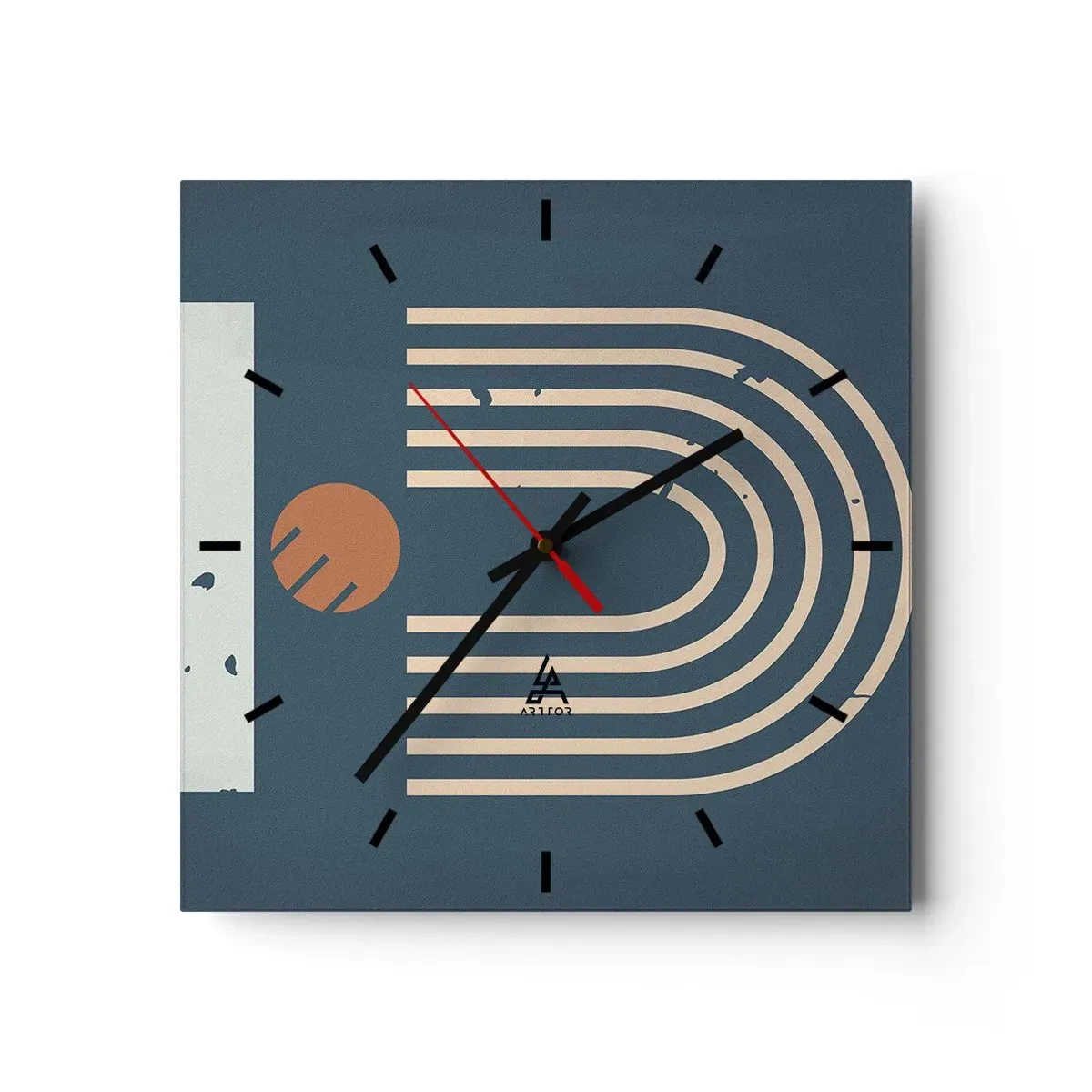 Väggklocka - Klocka på glas - Geometri mot mörkblå bakgrund - 30x30 cm