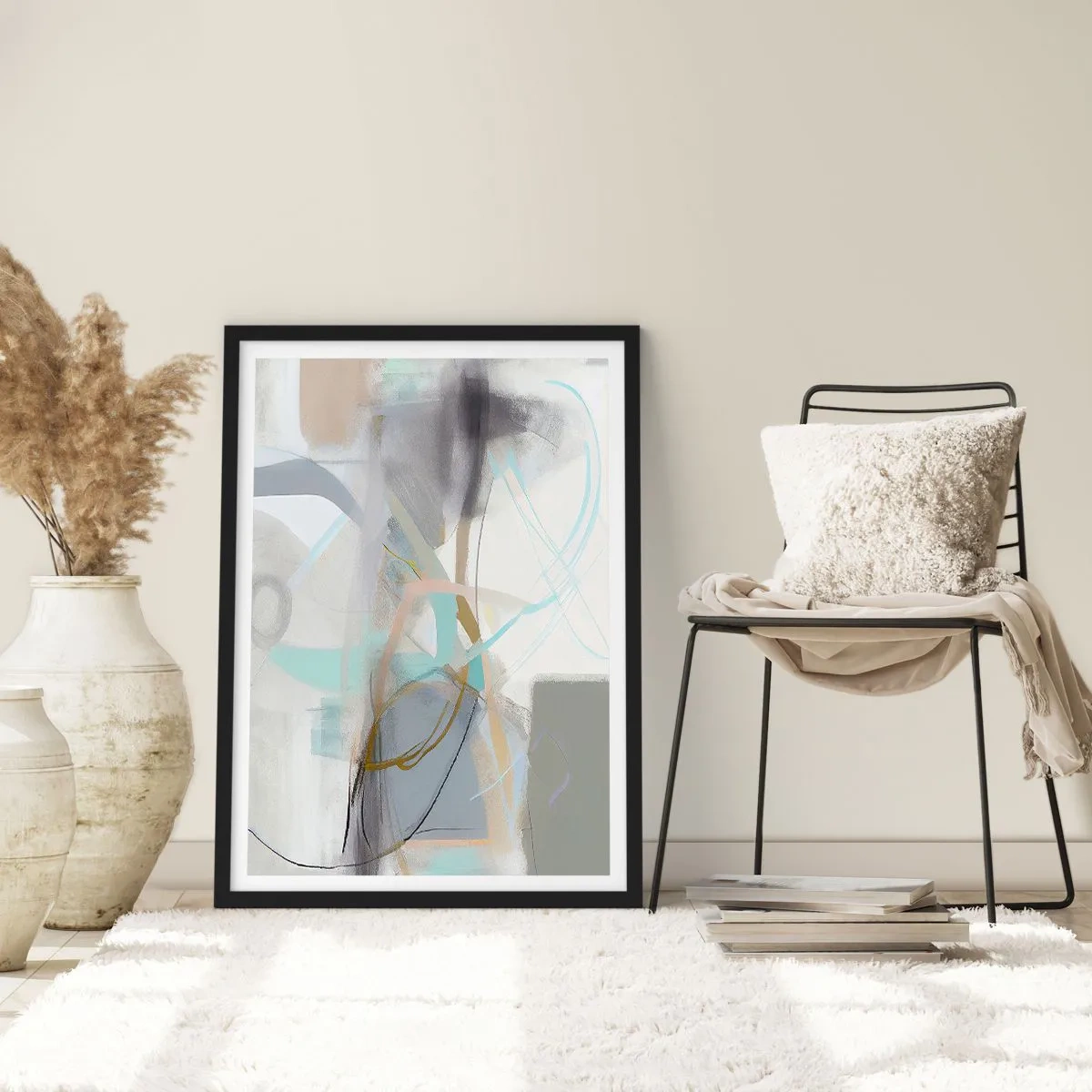 Affisch i svart ram - Subtil abstraktion i nyanser av grått och blått - 50x70cm - Dimmig abstraktion - Modern väggdekoration för vardagsrum och sovrum ARTTOR