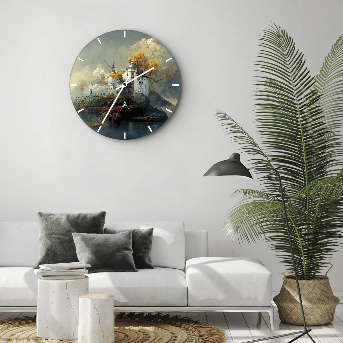 Väggklocka - Klocka på glas - Ett sagoslott på en kulle omgivet av höstträd - 30x30cm - Början på en romantisk historia - Modern väggdekoration för vardagsrum, kök och sovrum ARTTOR