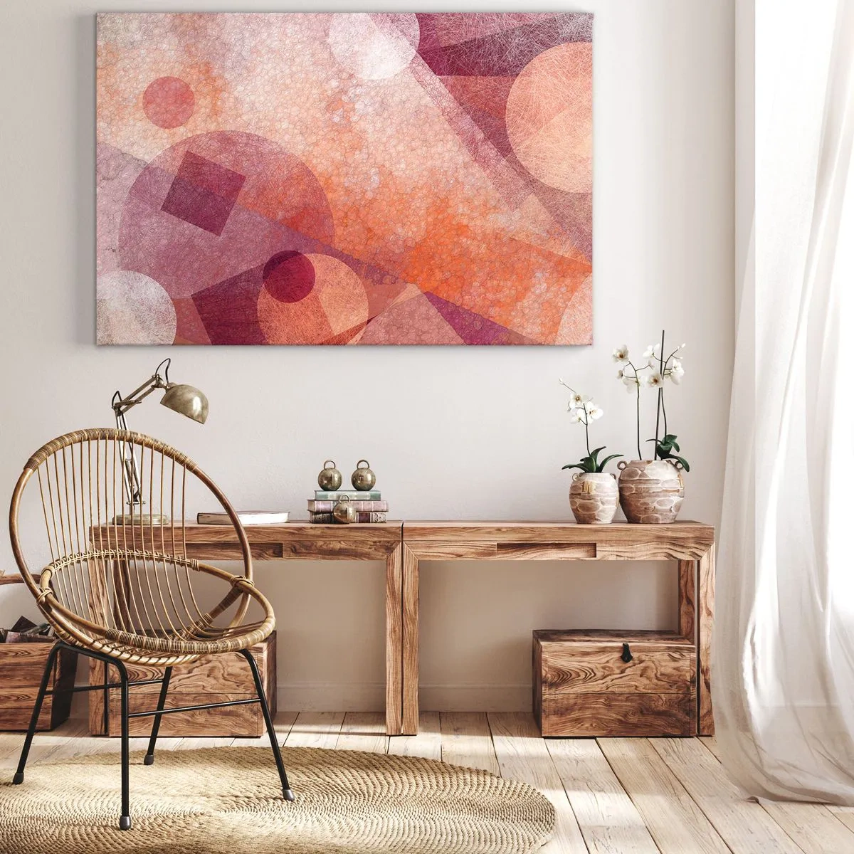 Canvastavla - Bild på duk - Abstrakta geometriska former i pastellfärgade rosa nyanser - 70x50cm - Geometriska omvandlingar i rosa - Modern väggdekoration för vardagsrum och sovrum ARTTOR