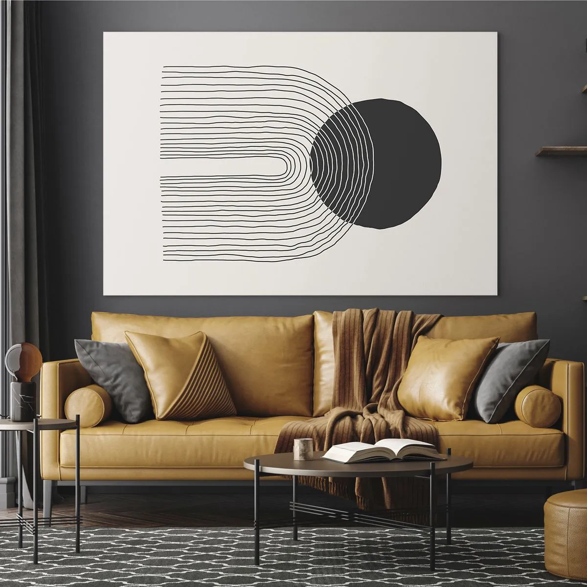 Glastavla - Bild på glas - Minimalistisk grafik med svart cirkel och linjer - 70x50cm - Darr och säkerhet - Modern väggdekoration för vardagsrum och sovrum ARTTOR