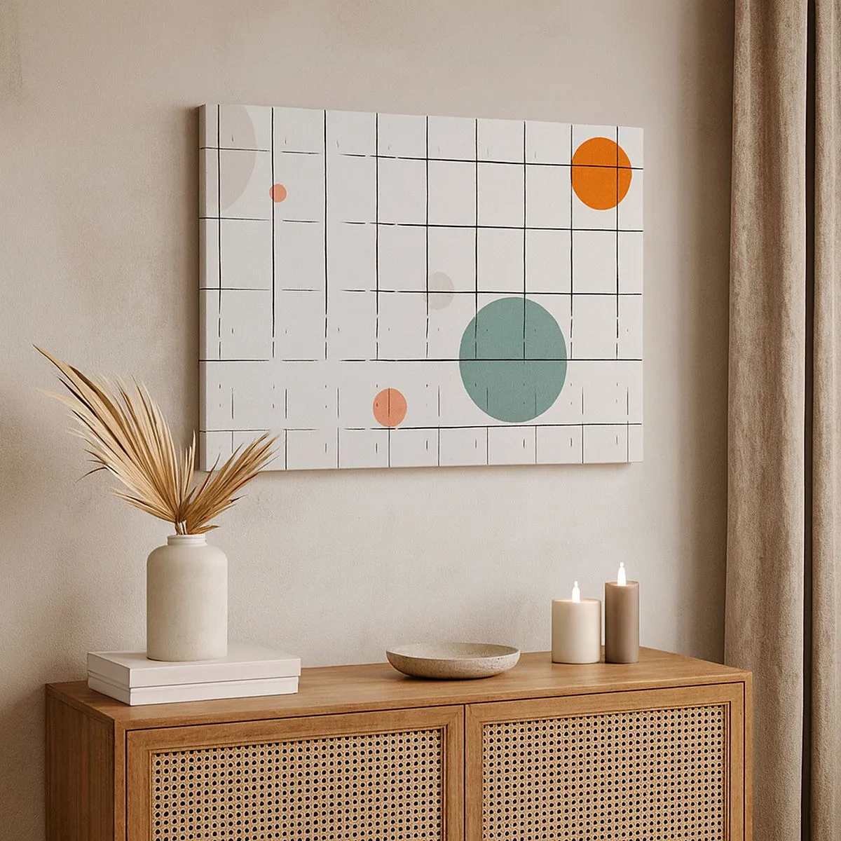 Canvastavla - Bild på duk - Abstrakta färgade cirklar på en geometrisk rutnätsbakgrund - 70x50cm - Fångade. Vi eller de? - Modern väggdekoration för vardagsrum och sovrum ARTTOR