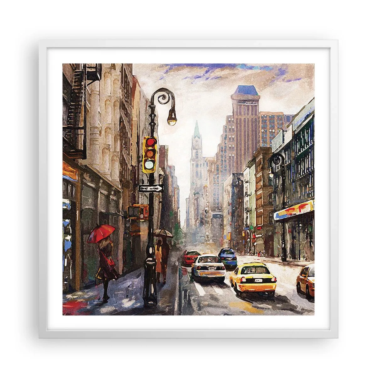 Affisch i vit ram - New York - färgglad också i regnet - 60x60 cm
