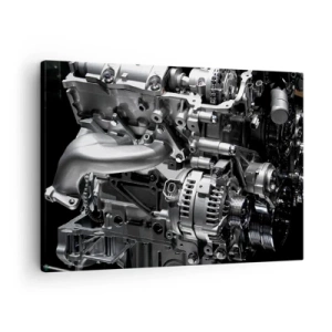 Canvastavla - Bild på duk - Närbild av metallmotordelar mot svart bakgrund - 70x50cm - Stål, vacker, stark - Modern väggdekoration för vardagsrum och sovrum ARTTOR