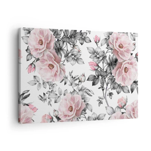 Canvastavla - Bild på duk - Rosa rosor och blad på en delikat svartvit bakgrund - 70x50cm - Tappa sig i rosblommorna - Modern väggdekoration för vardagsrum och sovrum ARTTOR