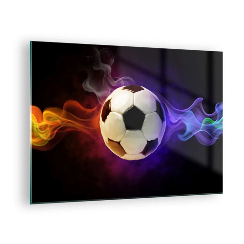 Glastavla - Bild på glas - En fotboll omgiven av färgglada ränder - 70x50cm - Spelets magiska kraft - Modern väggdekoration för vardagsrum och sovrum ARTTOR