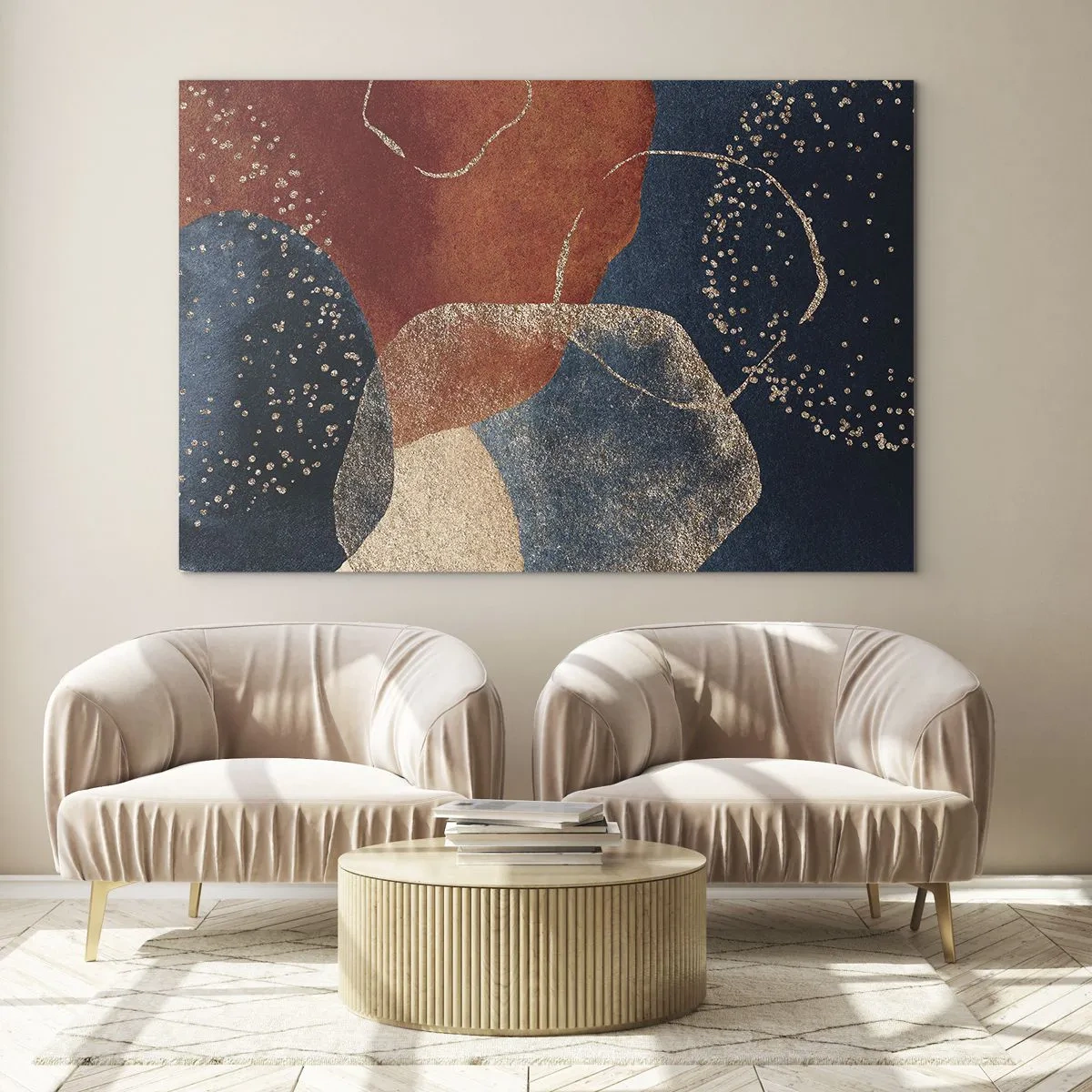 Glastavla - Bild på glas - Abstrakta former i nyanser av marinblått och koppar - 70x50cm - Existensens lätthet - Modern väggdekoration för vardagsrum och sovrum ARTTOR