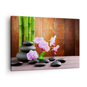 Canvastavla - Bild på duk - Zen-stil bambu, stenar och rosa orkidéer på en träbakgrund - 70x50cm - Lär känna orientens behag - Modern väggdekoration för vardagsrum och sovrum ARTTOR
