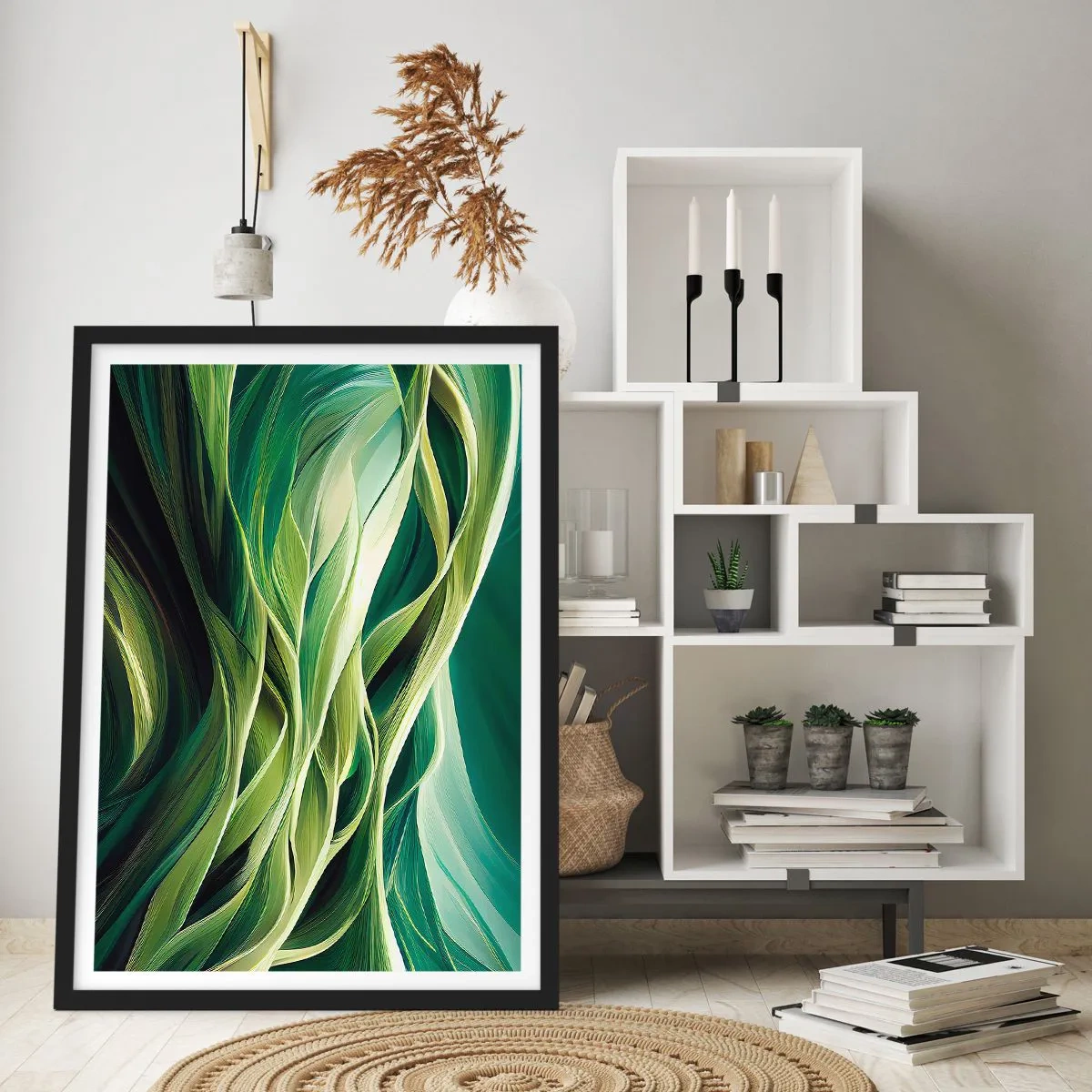 Affisch i svart ram - En abstrakt komposition av organiska, gröna former. - 50x70cm - Ett abstrakt spel med grönt - Modern väggdekoration för vardagsrum och sovrum ARTTOR