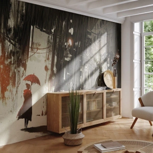 Fototapet Premium Sand - Röda paraplyets poesi - Stad, Kvinna, Arkitektur - 250x175 cm