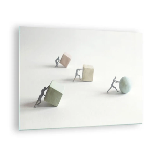 Glastavla - Bild på glas - Miniatyrfigurer rullar och knuffar geometriska former. - 70x50cm - Livet leker - Modern väggdekoration för vardagsrum och sovrum ARTTOR