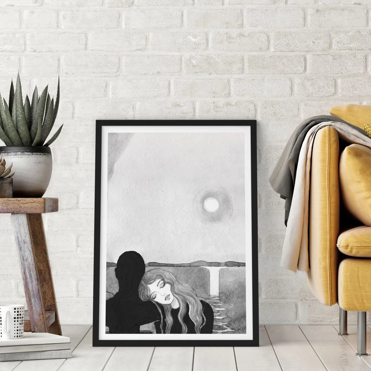 Affisch i svart ram - Kvinna lutad mot skuggfigur, måne och vattenfall - 50x70cm - Alltid hemlighet - Modern väggdekoration för vardagsrum och sovrum ARTTOR