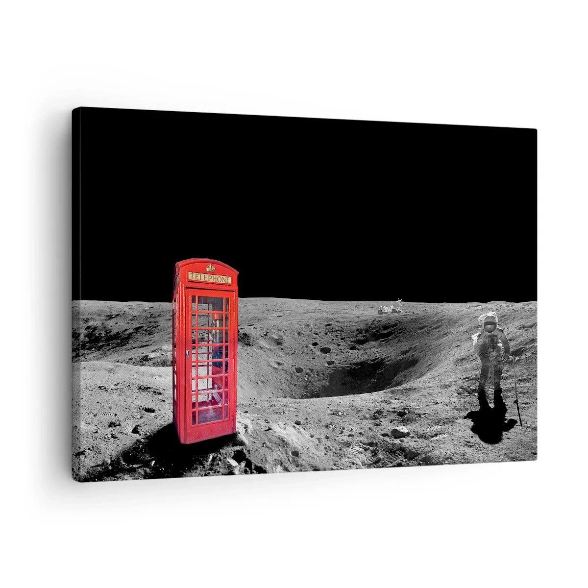 Canvastavla - Bild på duk - Röd telefonkiosk på månen - 70x50cm - Rymdskämt - Modern väggdekoration för vardagsrum och sovrum ARTTOR