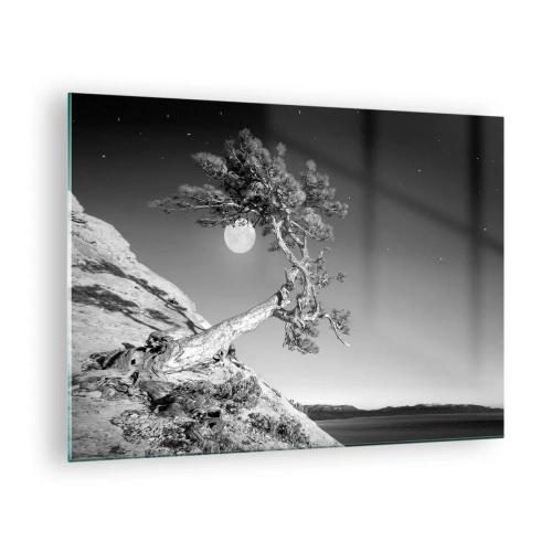 Glastavla - Bild på glas - Ett lutande träd på en sluttning med månen i bakgrunden - 70x50cm - Segerrik kämpe - Modern väggdekoration för vardagsrum och sovrum ARTTOR