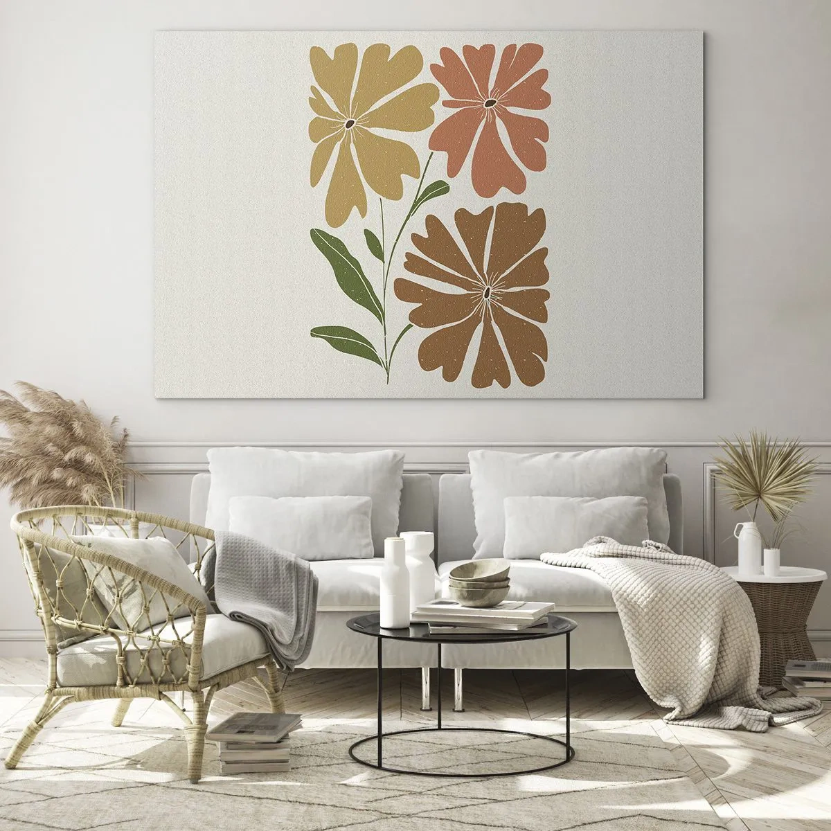 Glastavla - Bild på glas - Tre stiliserade blommor i varma färger mot en ljus bakgrund - 70x50cm - Natur och geometri - Modern väggdekoration för vardagsrum och sovrum ARTTOR