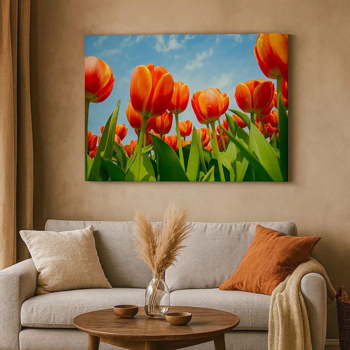Canvastavla - Bild på duk - Ett fält av röda och orange tulpaner mot en blå himmel - 70x50cm - Förutom blå himmel behöver vi inget annat i livet - Modern väggdekoration för vardagsrum och sovrum ARTTOR