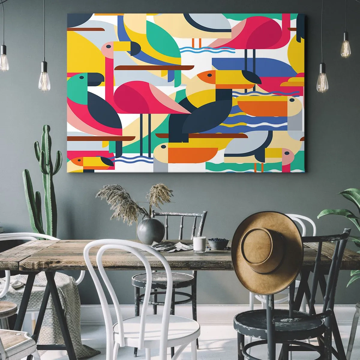 Canvastavla - Bild på duk - Färgglada fåglar i en abstrakt, geometrisk komposition - 70x50cm - Fågelparty - Modern väggdekoration för vardagsrum och sovrum ARTTOR
