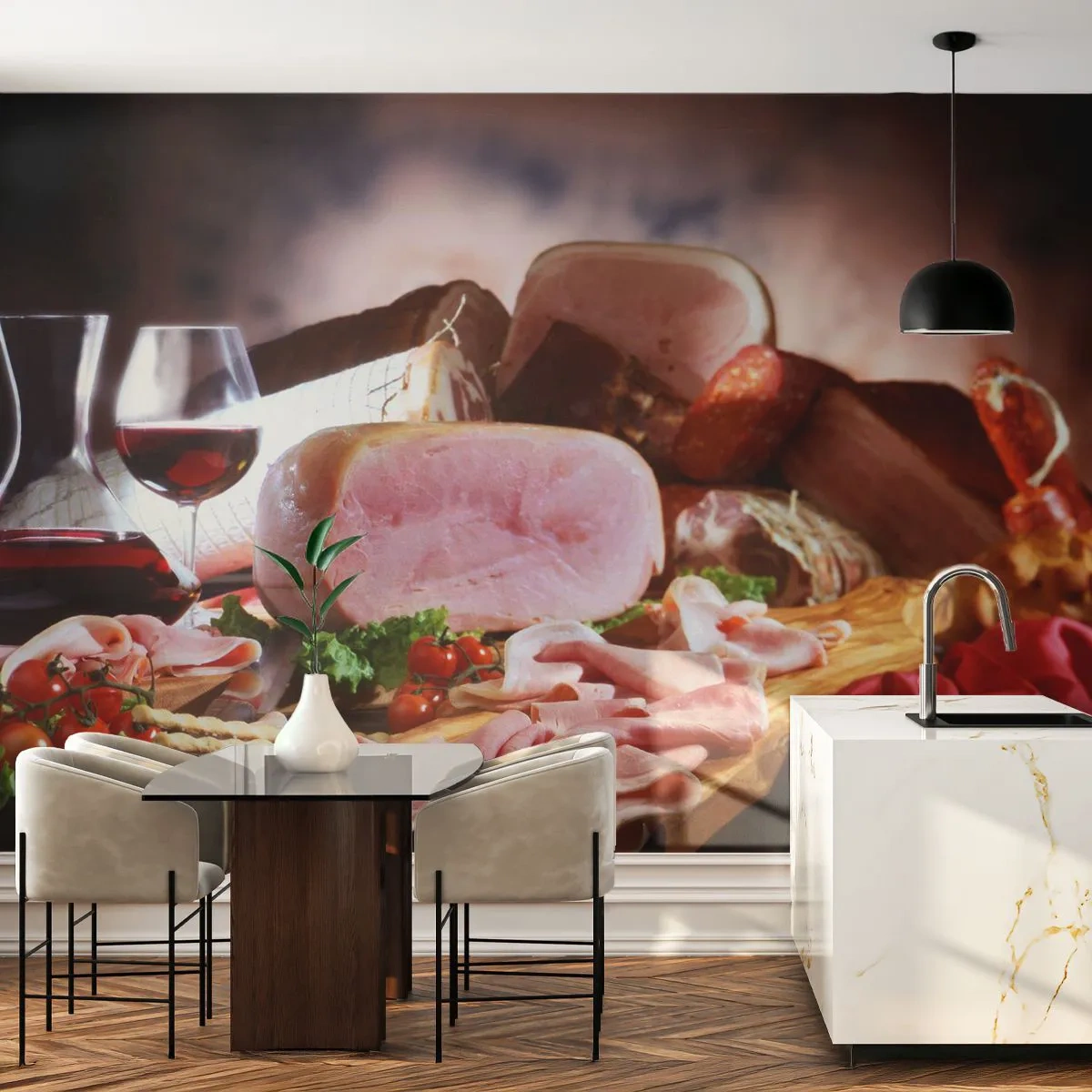 Självhäftande Fototapet Deluxe Sticker - Kulinarisk dröm med karaff - Gastronomi, Kött, Tomater - 250x175 cm