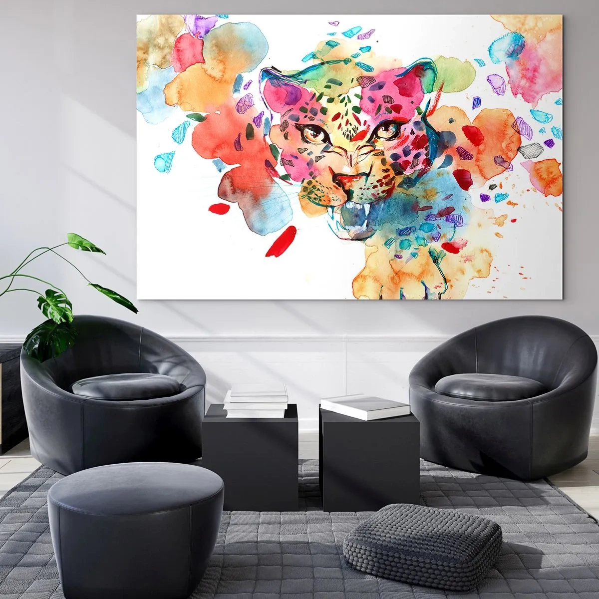Glastavla - Bild på glas - Färgglatt akvarellporträtt av en leopard - 70x50cm - Skönheten och odjuret - Modern väggdekoration för vardagsrum och sovrum ARTTOR