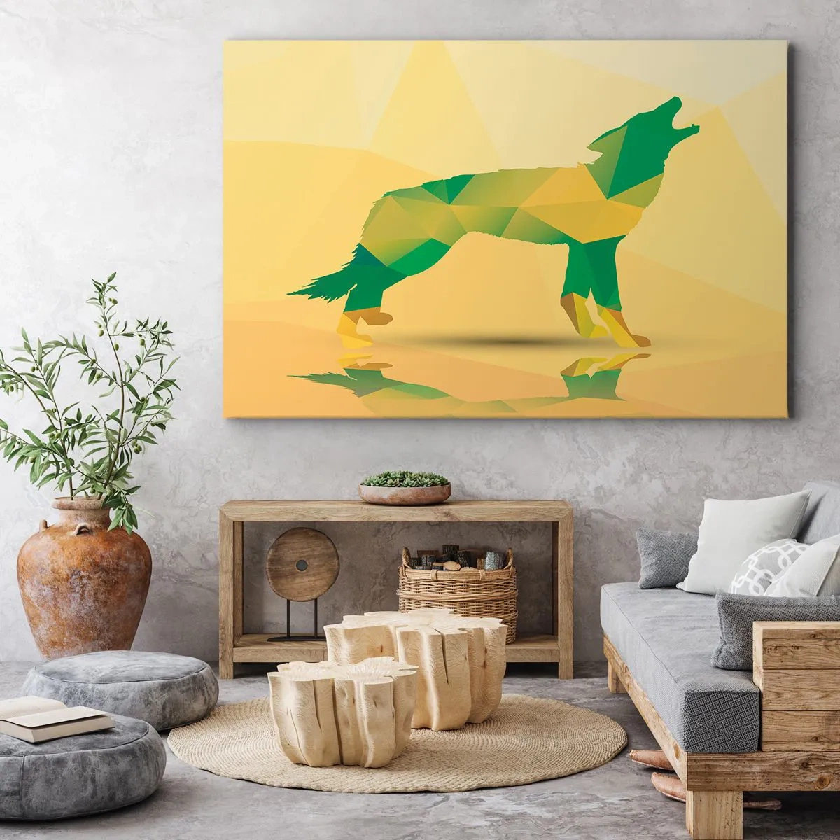 Canvastavla - Bild på duk - Geometrisk vargsilhuett i gröna och gula nyanser - 70x50cm - Ensam varg - Modern väggdekoration för vardagsrum och sovrum ARTTOR