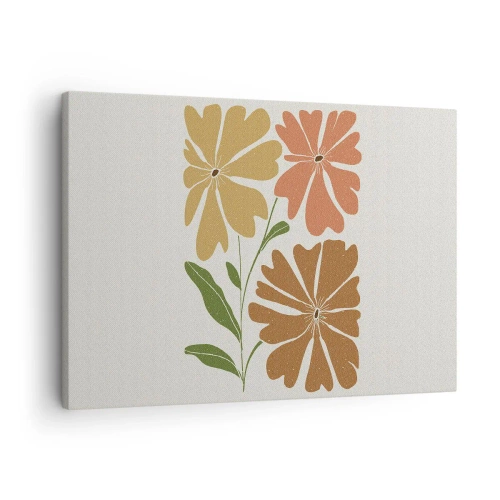 Canvastavla - Bild på duk - Tre blommor i varma färger mot en ljus bakgrund - 70x50cm - Natur och geometri - Modern väggdekoration för vardagsrum och sovrum ARTTOR