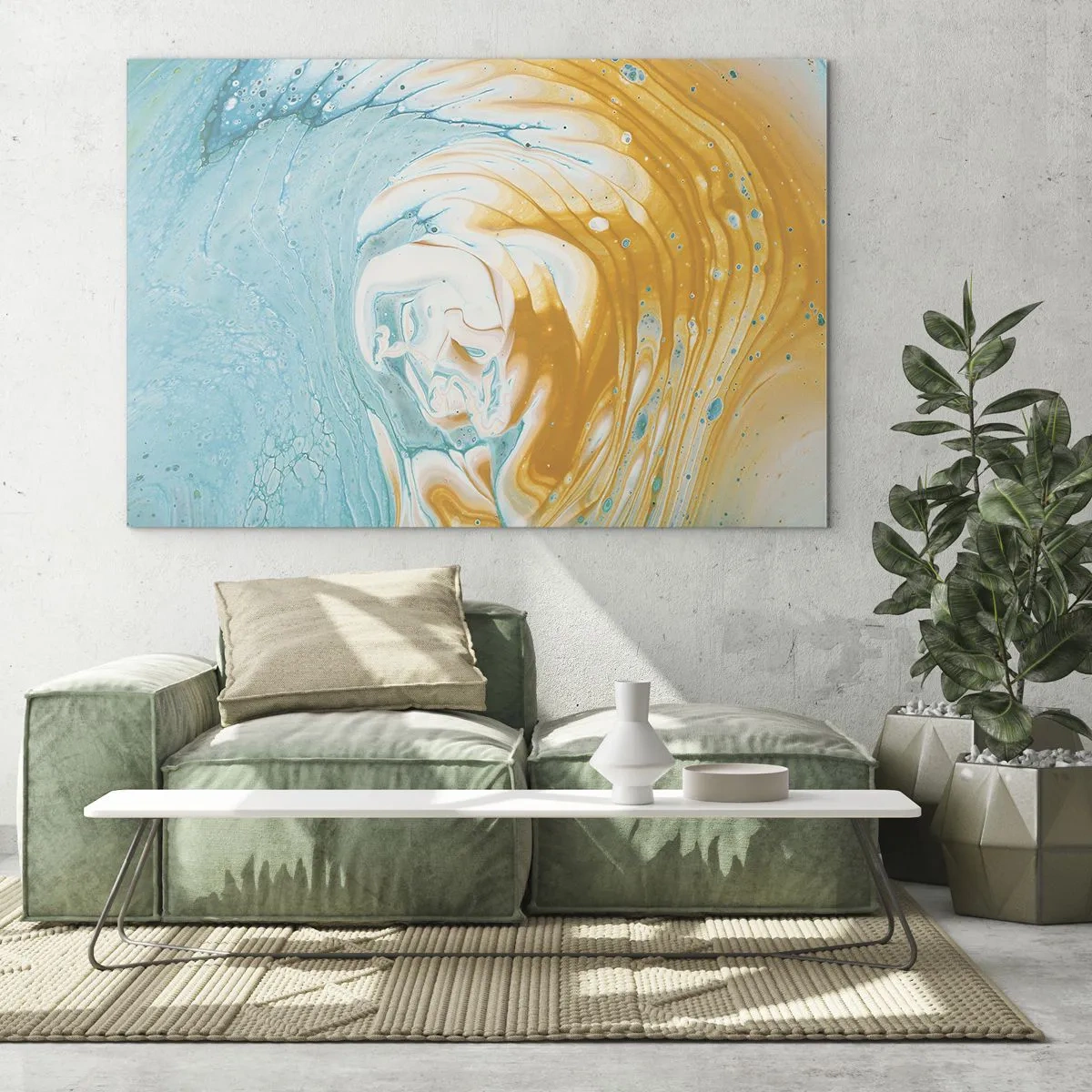 Glastavla - Bild på glas - Pastellvirvel i blå och gula färger - 70x50cm - Pastellfärgad virvel - Modern väggdekoration för vardagsrum och sovrum ARTTOR
