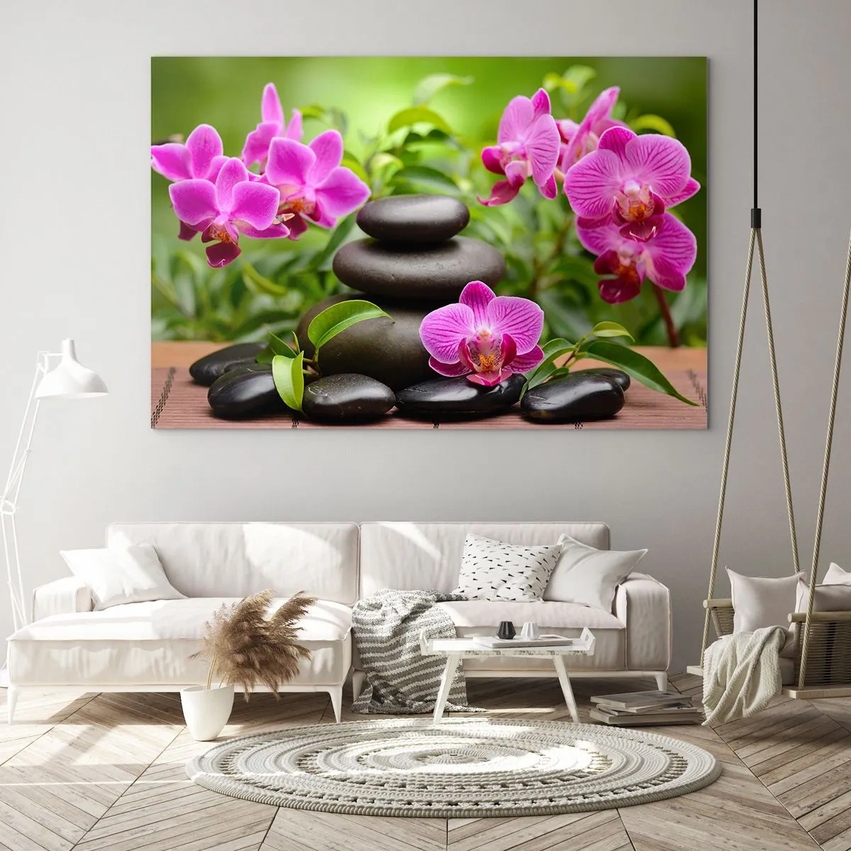 Glastavla - Bild på glas - Rosa orkidéer och svarta stenar i en lugn miljö - 70x50cm - Lugnets pyramid - Modern väggdekoration för vardagsrum och sovrum ARTTOR