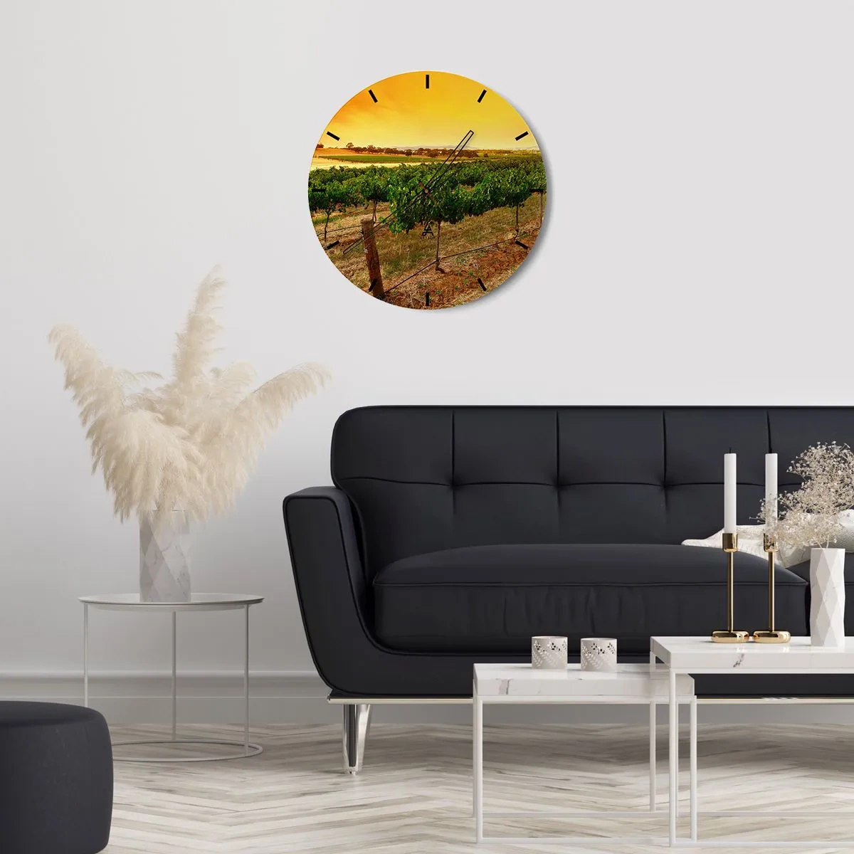 Väggklocka - Klocka på glas - Vingårdslandskap vid solnedgången - 30x30cm - Dricka solen - Modern väggdekoration för vardagsrum, kök och sovrum ARTTOR
