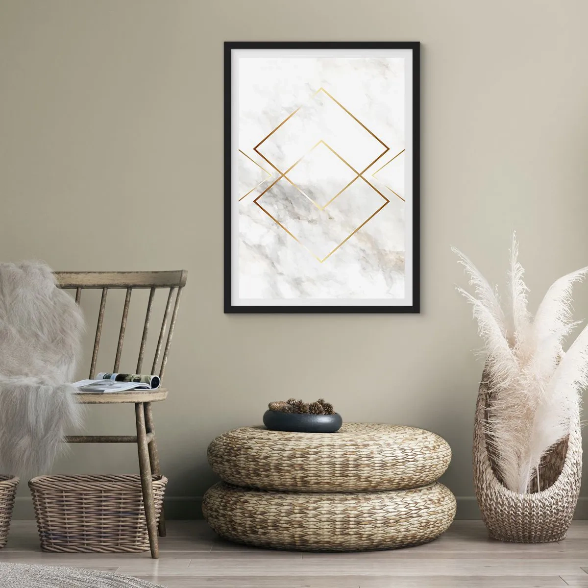 Affisch i svart ram - Geometri i gyllene linjer på en marmorbakgrund - 50x70cm - Utsikt över oändlighet - Modern väggdekoration för vardagsrum och sovrum ARTTOR