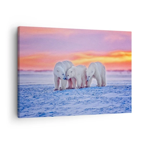 Canvastavla - Bild på duk - Tre isbjörnar mot bakgrund av en arktisk solnedgång - 70x50cm - Det räcker med familjevärme - Modern väggdekoration för vardagsrum och sovrum ARTTOR